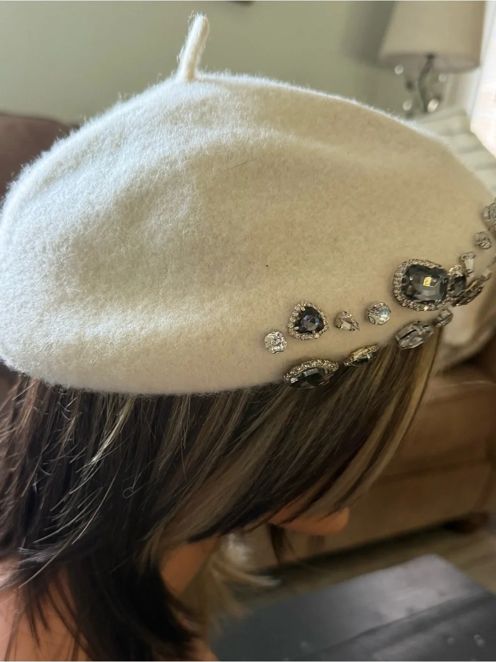 Amiee Lynn Crystal-Embellished White Wool Blend Beret